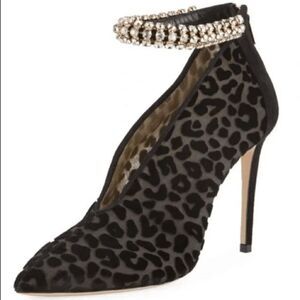 Jimmy Choo Leopard Velvet Lux 100 Vamp Heel Crystal Embellished Strap EU 38.5